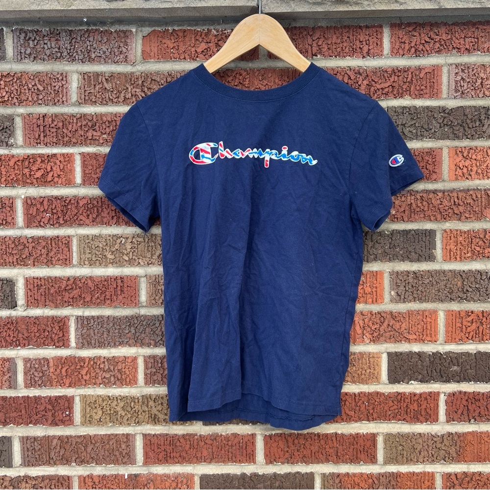 Champion Navy Blue Graphic Short Sleeve Crewneck Tee Shirt Top